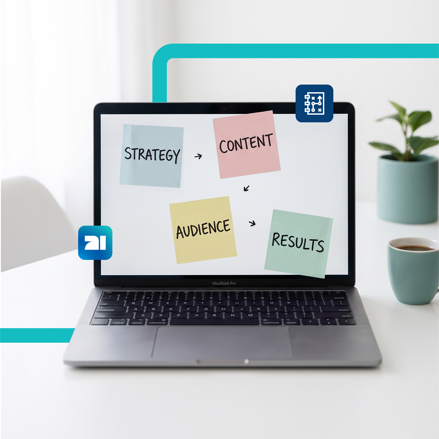 A laptop covered in sticky notes reading strategy, content, audience and results